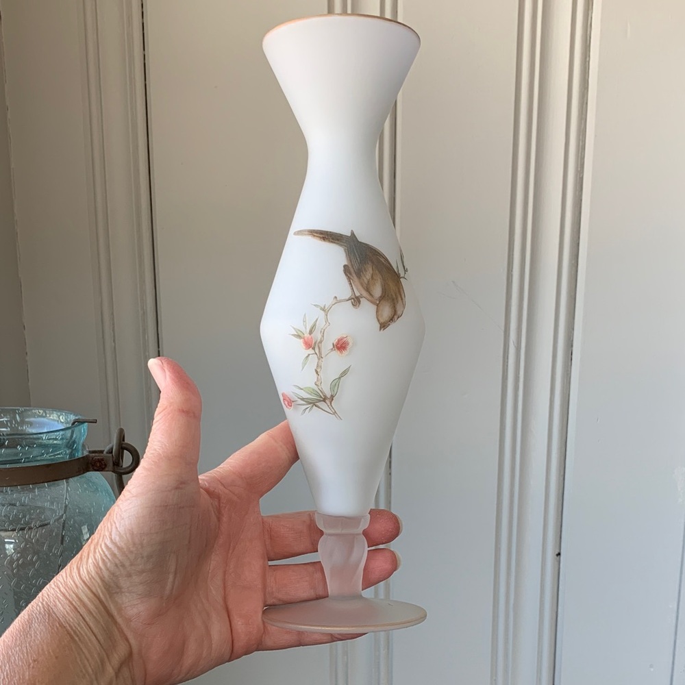 Vintage frosted glass White bud Vase with Bird and Floral Design